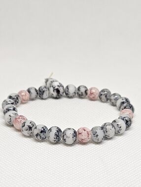 Black White Marble Bead Bracelet Pink Accent Stretch Minimalist
